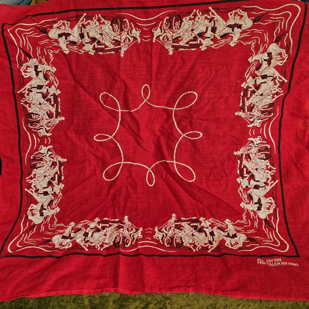 VTG RED WESTERN BANDANA COWBOYS STAGECOACH HORSES ALL COTTON FAST COLOR #13960